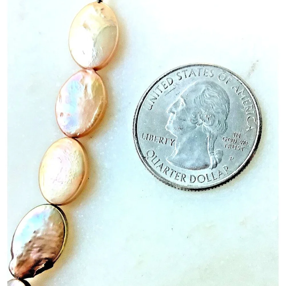 Freshwater Pearl Coin Necklace Pink Gold Green Purple Iridescent Baroque Pearls
